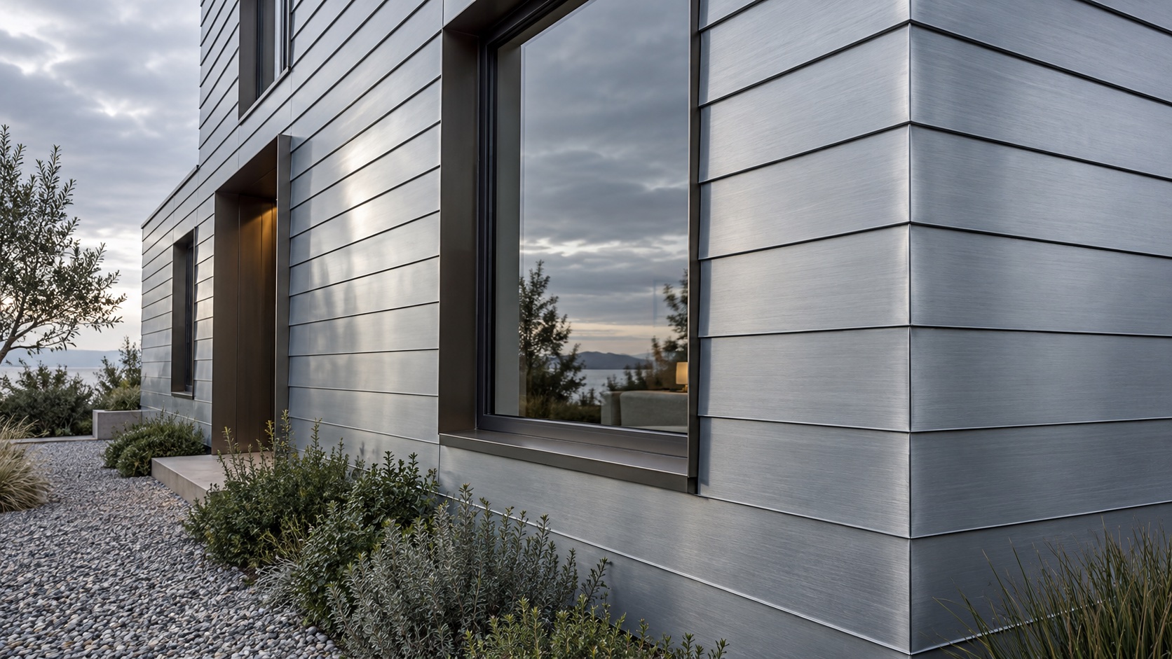 Silver aluminum siding with folded corner details and dark window trim