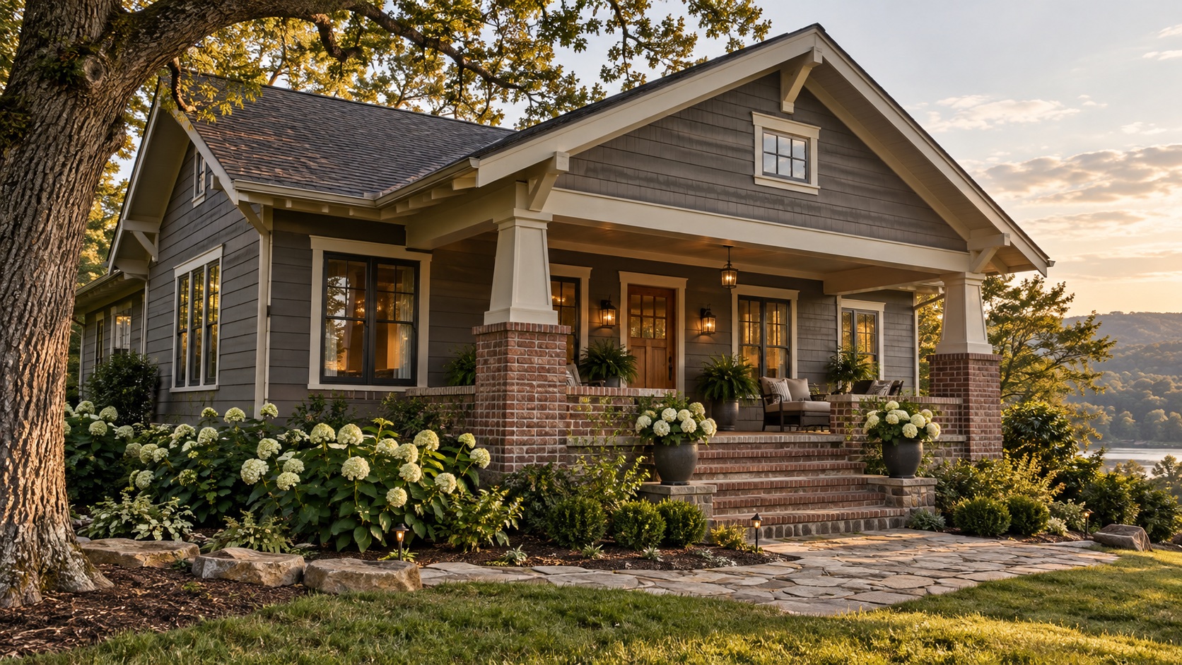 Charcoal fiber cement lap siding on a craftsman bungalow with brick porch columns