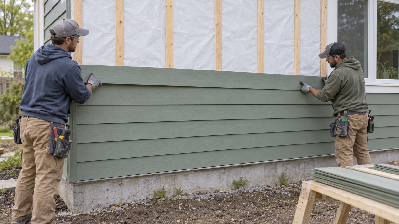 Two installers positioning a siding board on a partly clad exterior wall