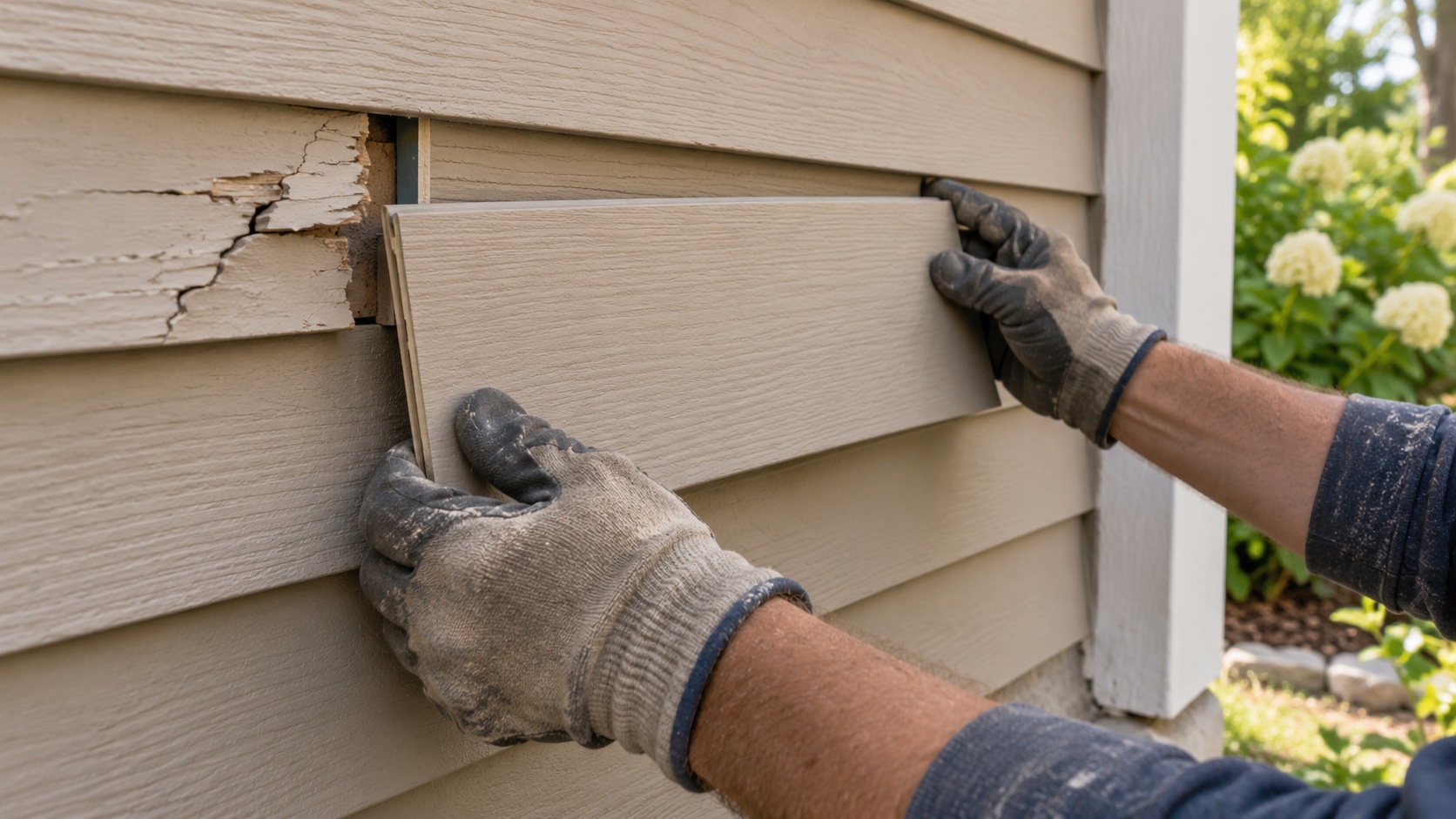 Gloved hands fitting a replacement siding panel beside a damaged section