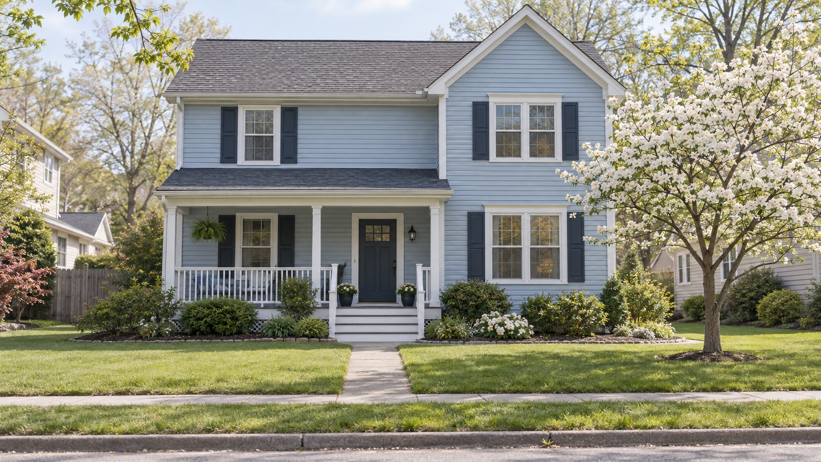 Blue vinyl siding on a two-story house with a white porch and flowering tree