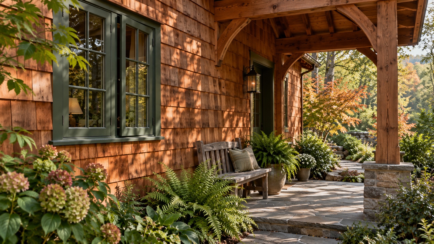 Cedar shingle siding and a sheltered timber porch surrounded by ferns